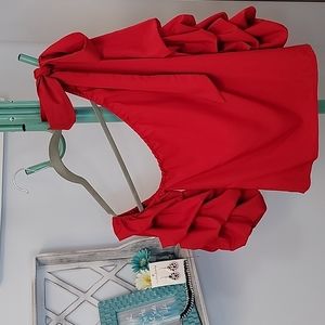 Red Top Blouse One Sleeve Unique Ruffle with Jewelry Set